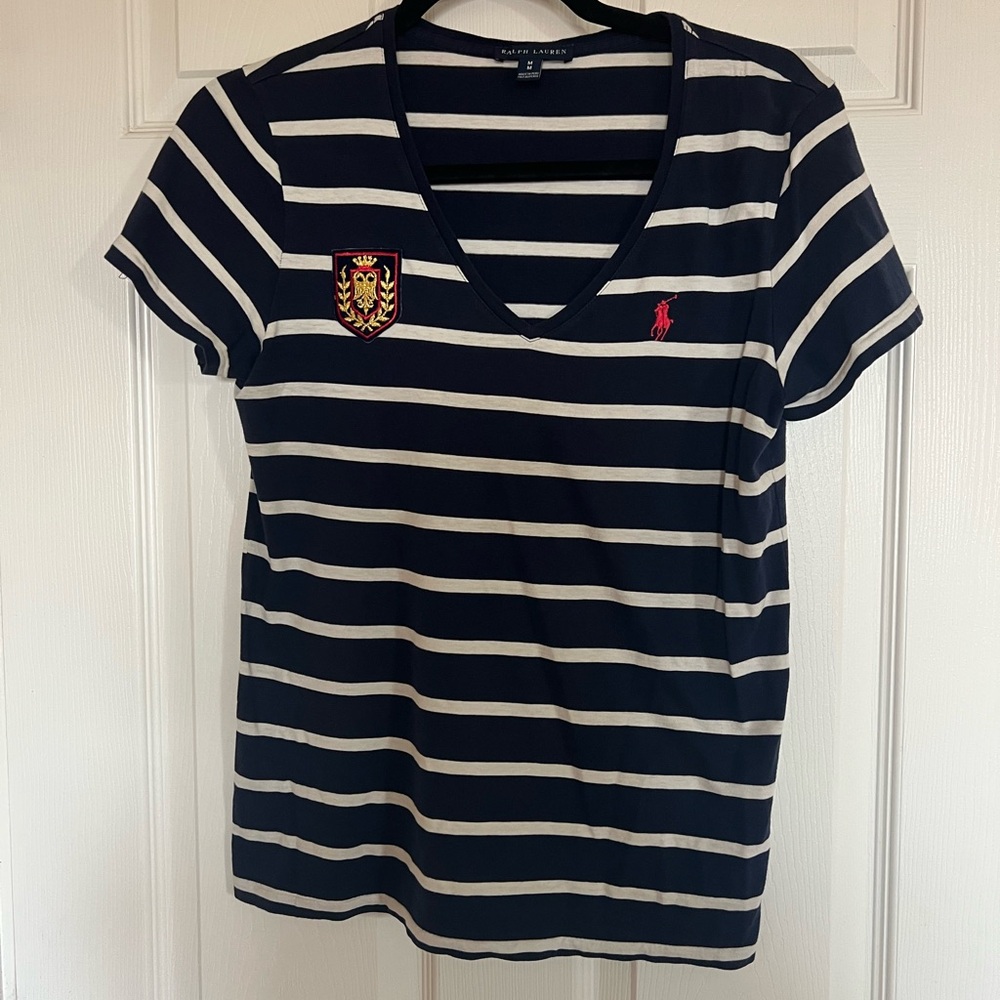 Ralph Lauren ladies Navy and White Striped V-Neck Tee